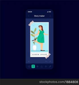 Photo editor night mode smartphone interface vector template. Social media content edit. Mobile app page design layout. Online filters screen. Flat UI for application. Phone display. Photo editor night mode smartphone interface vector template