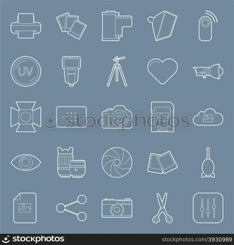 Photo equipment end editing thin lines icons set vector graphic illustration design. Photo equipment end editing thin lines icons set