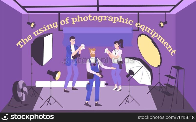 Photo equipment flat composition of text and photography studio indoor scenery with people and professional accessories vector illustration