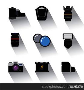 photo equipment icons, set of flat design icons, photo equipment, camera, light, case, memory card and battery. photo equipment icons