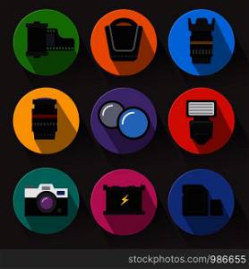 photo equipment icons, set of flat design icons, photo equipment, camera, light, lenses, memory card and battery. photo equipment icon set