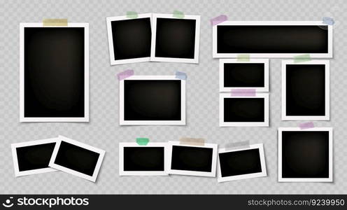 Photo frame collage template vector album mockup on transparent background. Foto memory picture and sellotape sticker. Blank photography card with white border realistic set. Retro snapshot collection. Photo frame collage template vector album mockup