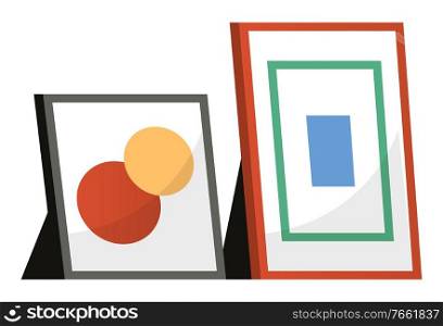 Photo frame, decorative edging for picture, such as painting or photograph. Decor for home interior, set of plastic framing. Two objects isolated on white background. Vector illustration in flat style. Photo Frames Isolated, Decorative Edge for Picture
