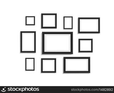 Photo frame for picture on wall. Empty black picture album layout. Design template picture frame on isolated background. Group realistic mockup border for picture. Gallery photoframes. Modern vector. Photo frame for picture on wall. Empty black picture album layout. Design template picture frame on isolated background. Group realistic mockup border for picture. Gallery photoframes. Modern vector.