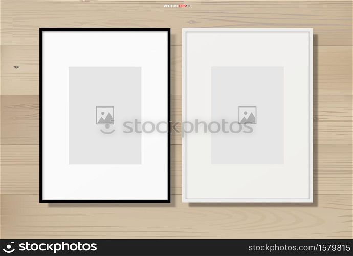 Photo frame or picture frame on wooden texture background with white area for copy space. Vector illustration.