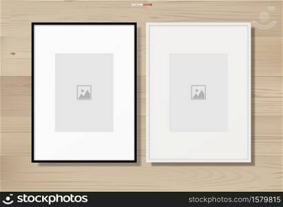 Photo frame or picture frame on wooden texture background with white area for copy space. Vector illustration.