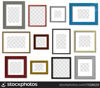 Photo frame. Wall picture different color frames, modern square border with realistic shadows vector set. Minimal interior picture-frames mockups on transparent background. Photography borders. Photo frame. Wall picture different color frames, modern square border with realistic shadows vector set. Minimal interior picture-frames mockups on transparent backdrop. Photography borders