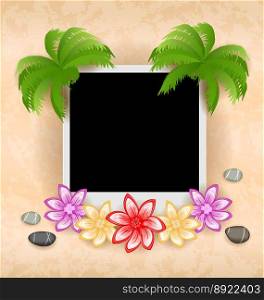 Photo frame with palm flowers sea pebbles vector image