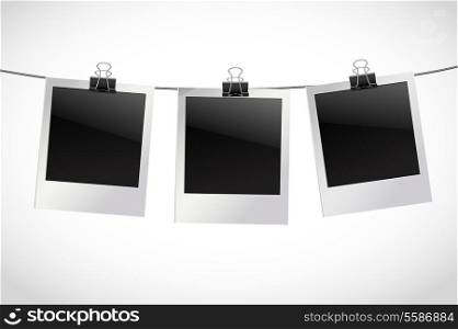 Photo frames retro instant picture black cards on rope with paper clips vector illustration.