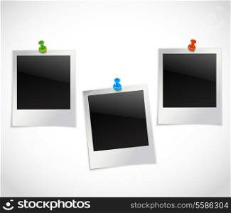 Photo frames retro instant picture black cards with pushpins vector illustration