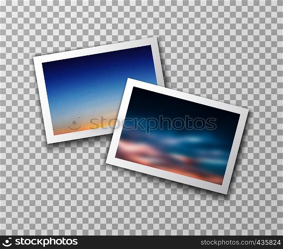 Photo frames with blurred landscapes. Vector photography template. Nostalgia background. Photo picture frame card, landscape memory image illustration. Photo frames with blurred landscapes. Vector photography template. Nostalgia background