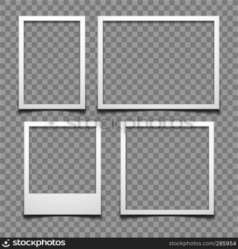 Photo frames with realistic drop shadow vector effect isolated. Image borders with 3d shadows. Empty photo frame template gallery illustration. Photo frames with realistic drop shadow vector effect isolated. Image borders with 3d shadows