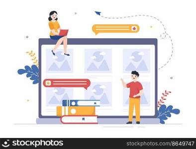 Photo Gallery on Mobile App and File on Computer Containing Images, Documents or Videos in Flat Style Cartoon Hand Template Illustration