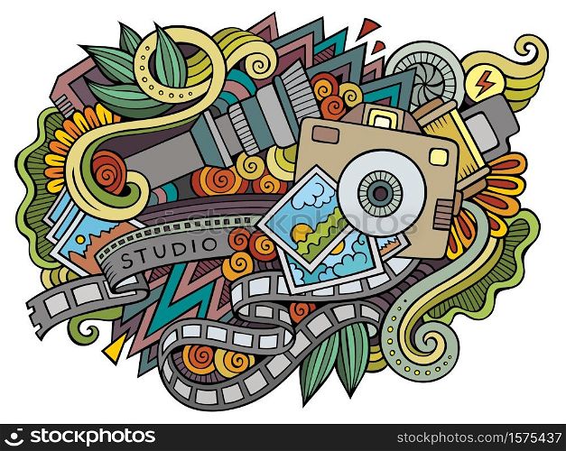 Photo hand drawn cartoon doodles illustration. Funny professional design. Creative art vector background. Photography symbols, elements and objects. Colorful composition. Photo hand drawn cartoon doodles illustration. Funny professional design