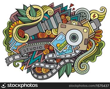 Photo hand drawn cartoon doodles illustration. Funny professional design. Creative art vector background. Photography symbols, elements and objects. Colorful composition. Photo hand drawn cartoon doodles illustration. Funny professional design