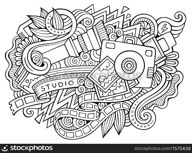 Photo hand drawn cartoon doodles illustration. Funny professional design. Creative art vector background. Photography symbols, elements and objects. Sketchy composition. Photo hand drawn cartoon doodles illustration. Funny professional design