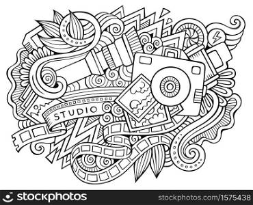 Photo hand drawn cartoon doodles illustration. Funny professional design. Creative art vector background. Photography symbols, elements and objects. Sketchy composition. Photo hand drawn cartoon doodles illustration. Funny professional design