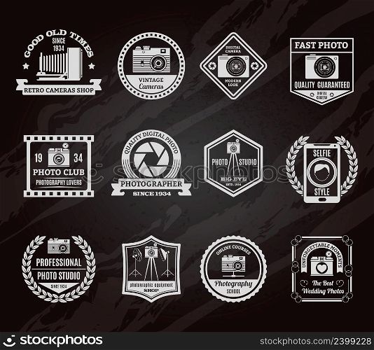Photo industry chalkboard emblems set with old and modern digital equipment symbols flat isolated vector illustration . Photo Industry Chalkboard Emblems Set