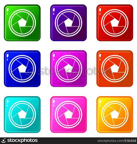 Photo objective icons of 9 color set isolated vector illustration. Photo objective set 9
