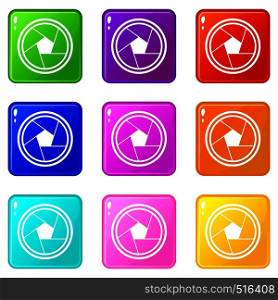 Photo objective icons of 9 color set isolated vector illustration. Photo objective set 9