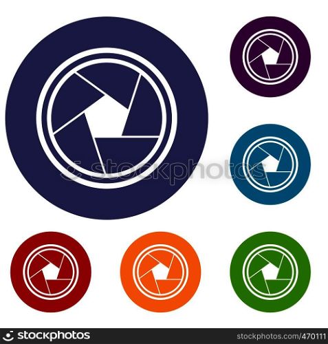 Photo objective icons set in flat circle reb, blue and green color for web. Photo objective icons set