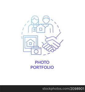 Photo portfolio blue gradient concept icon. Rental estate ads. Property management abstract idea thin line illustration. Isolated outline drawing. Roboto-Medium, Myriad Pro-Bold fonts used. Photo portfolio blue gradient concept icon