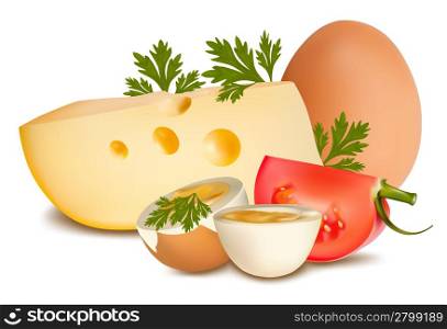 Photo-realistic vector illustration. Cheese with tomatos and eggs