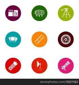 Photo report icons set. Flat set of 9 photo report vector icons for web isolated on white background. Photo report icons set, flat style