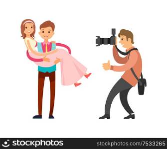 Photo reporter takes pictures of groom holding pretty bride on hands. Family photographer making photos of just married couple vector isolated on white.. Photo Reporter Takes Pictures Groom Holding Bride