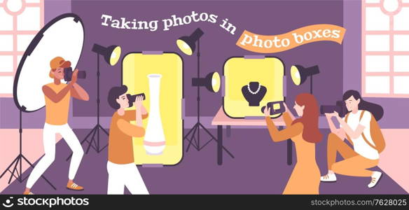 Photo school composition with flat human characters of photography class students with cameras and studio equipment vector illustration