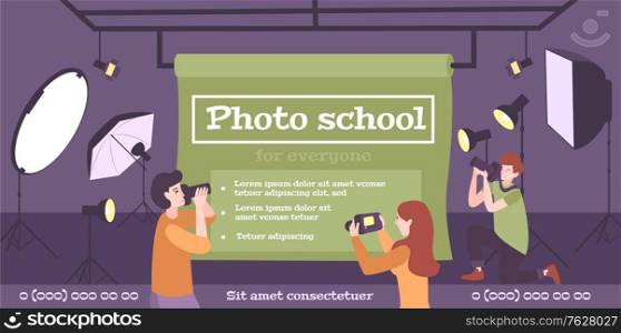 Photo school photography education horizontal banner with flat studio background professional equipment images and editable text vector illustration