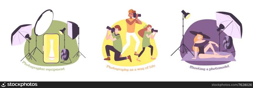 Photo school photography education set of three compositions with flat camera accessories lighting equipment and people vector illustration