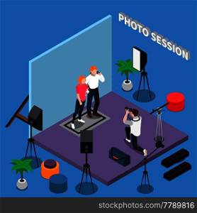 Photo session isometric composition with posing models, photographer during shooting, professional equipment on blue background vector illustration . Photo Session Isometric Composition