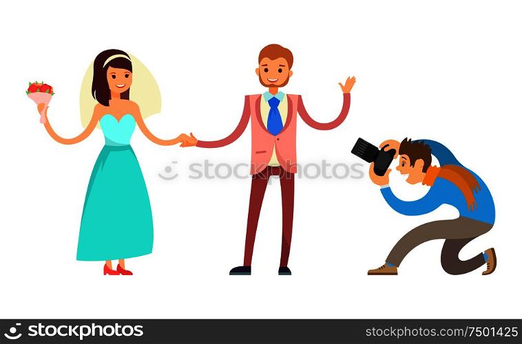 Photo session of engagement ceremony. Bride and groom and professional photographer vector isolated. Happy couple on wedding, wife with bouquet and groom. Photo Session of Engagement Ceremony, Bride, Groom