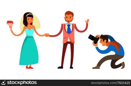 Photo session of engagement ceremony. Bride and groom and professional photographer vector isolated. Happy couple on wedding, wife with bouquet and groom. Photo Session of Engagement Ceremony, Bride, Groom