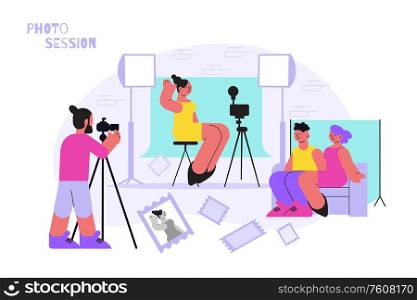 Photo session studio flat composition with lighting rig and screens with doodle human characters and text vector illustration