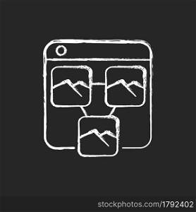 Photo sharing platforms chalk white icon on dark background. Media storage site. Archiving photos in cloud. Uploading images online. Sending pictures. Isolated vector chalkboard illustration on black. Photo sharing platforms chalk white icon on dark background