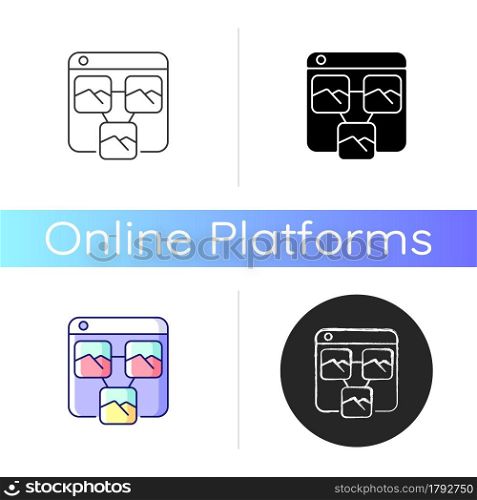 Photo sharing platforms icon. Media storage site. Archiving photos in cloud. Uploading images online. Sending pictures to friends. Linear black and RGB color styles. Isolated vector illustrations. Photo sharing platforms icon