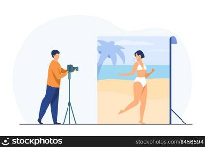Photo shoot in beach background. Photographer taking pictures of woman in bathing suit flat vector illustration. Photoshoot, beach concept for banner, website design or landing web page