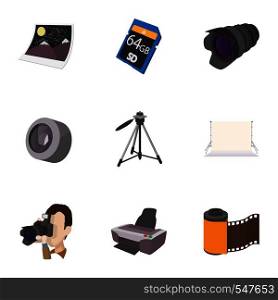 Photo shooting icons set. Cartoon illustration of 9 photo shooting vector icons for web. Photo shooting icons set, cartoon style