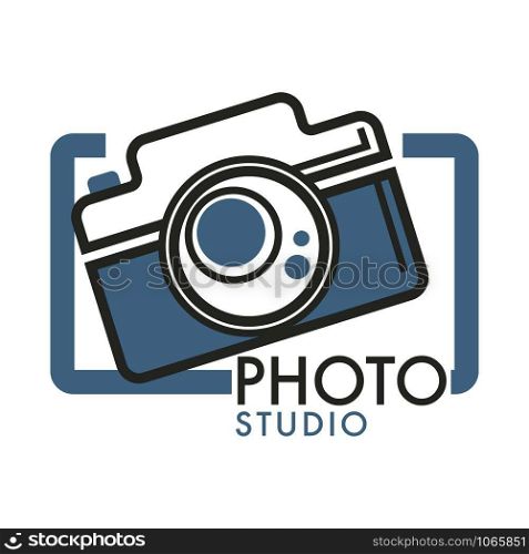 Photo studio camera with glass lens in frame vector. Professional equipment for making pictures and photoshoots, creative hobby and occupation. Shooting of people, photographers images device. Photo studio camera with glass lens in frame