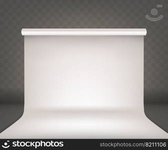 Photo studio empty interior with white blank background realistic vector. Professional photo equipment cyclorama, isolated on transparent background. Photo studio empty interior white blank background