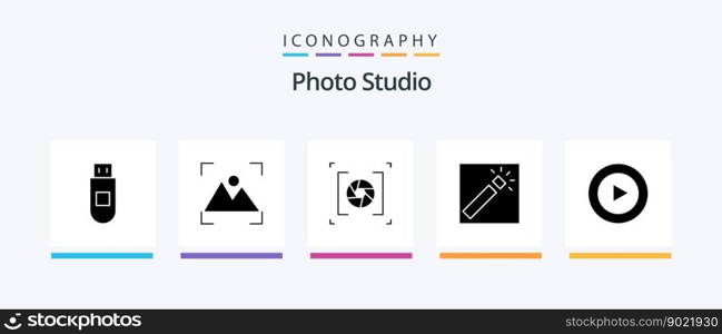 Photo Studio Glyph 5 Icon Pack Including video. studio. aperture. retouch. photographer. Creative Icons Design