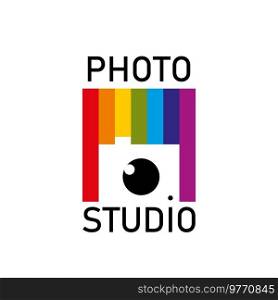 Photo studio icon, camera photography and photograph lens, vector emblem. Professional photo studio and photographer art design service sign with camera lens and rainbow film. Photo studio, photography and art design camera