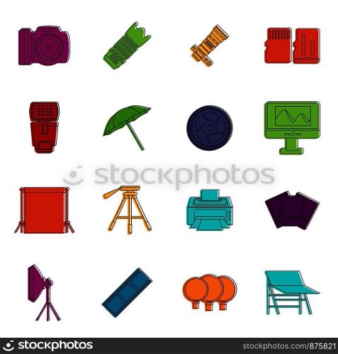 Photo studio icons set. Doodle illustration of vector icons isolated on white background for any web design. Photo studio icons doodle set