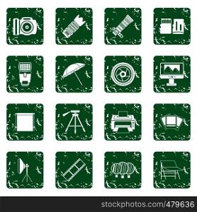 Photo studio icons set in grunge style green isolated vector illustration. Photo studio icons set grunge