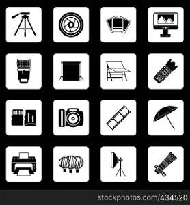Photo studio icons set in white squares on black background simple style vector illustration. Photo studio icons set squares vector