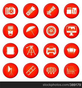 Photo studio icons vector set of red circles isolated on white background. Photo studio icons vector set