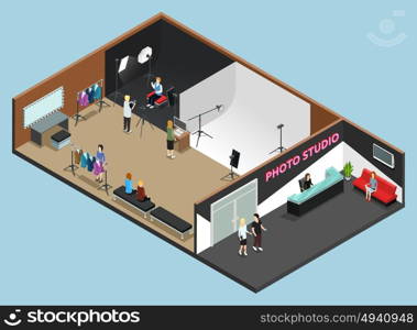 Photo Studio Interior Work Moment Isometric . Photo studio reception interior and high fashion photography shooting with white and black background isometric vector illustration