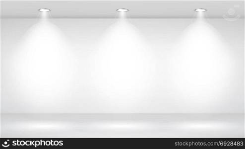 Photo Studio Room. Empty White Interior. Gallery, Architectural Design. Vector Illustration.. Empty White Photo Studio Interior Background. Realistic Spotlight. Vector